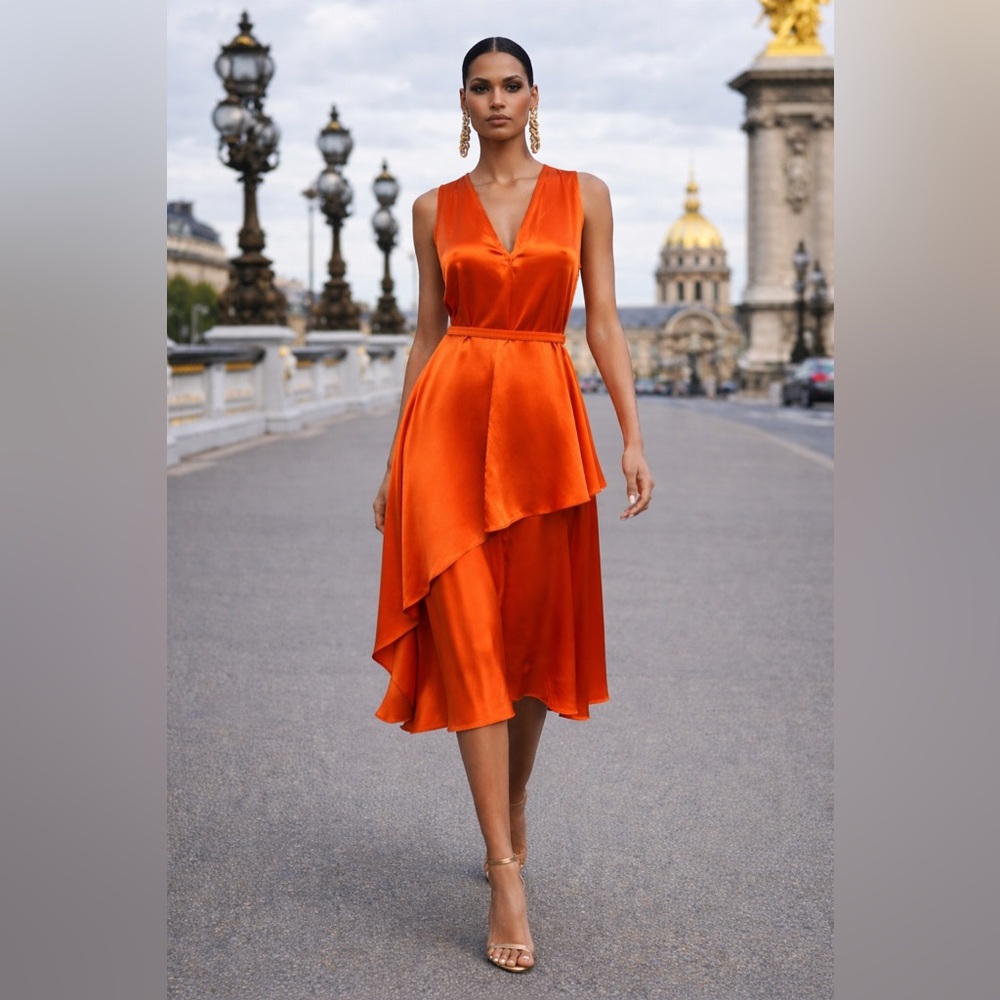 Givenchy Orange 100% Silk Satin Belted Sleeveless Layer Dress